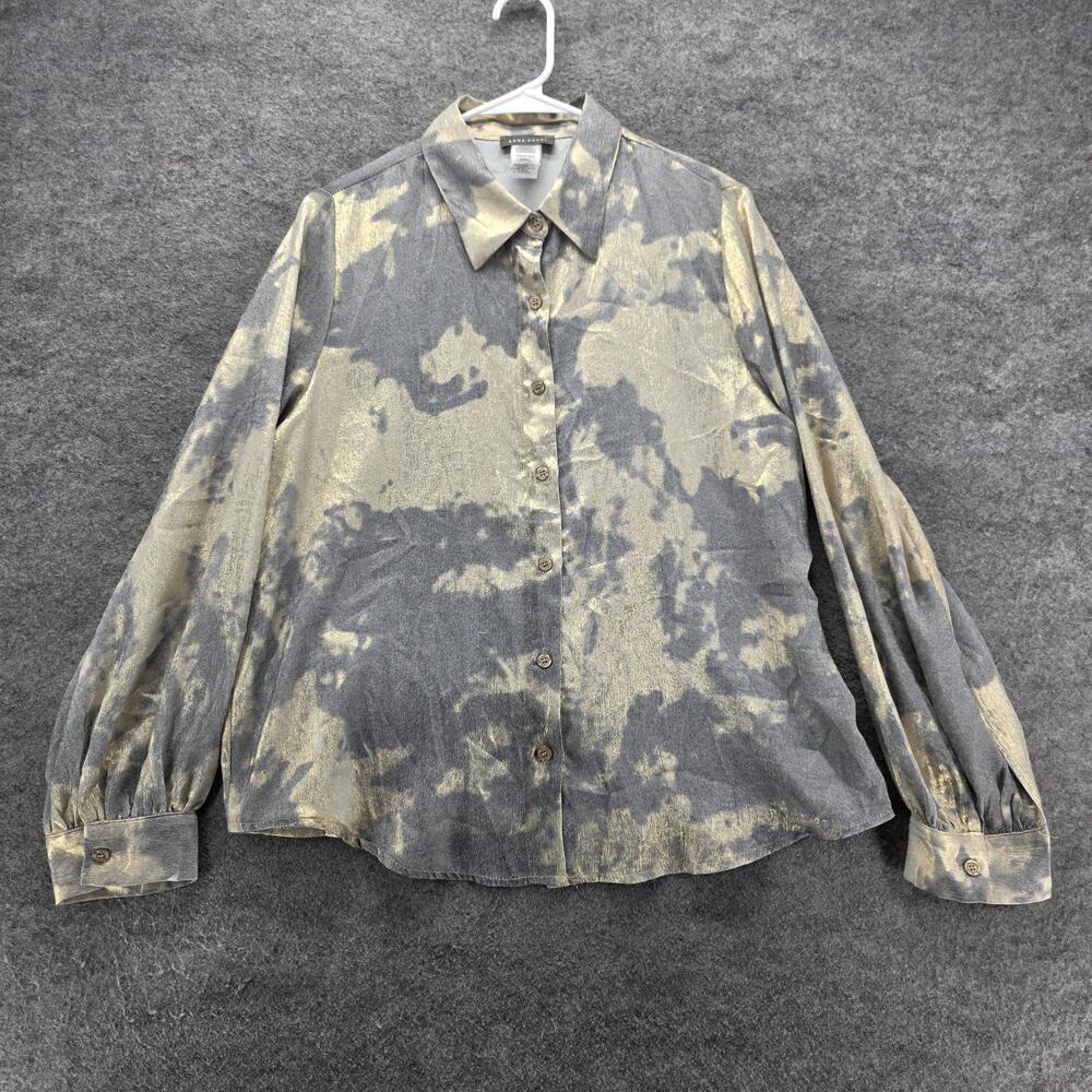 Sans Souci Shirt Womens Medium Gray Gold Metallic Button Front Blouse GST3219